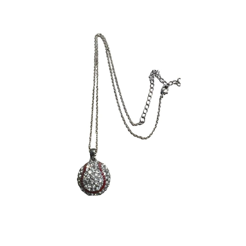 Silver Tone Baseball Charm Necklace Clear Rhinestones Red Enamel Baseball Mom 20